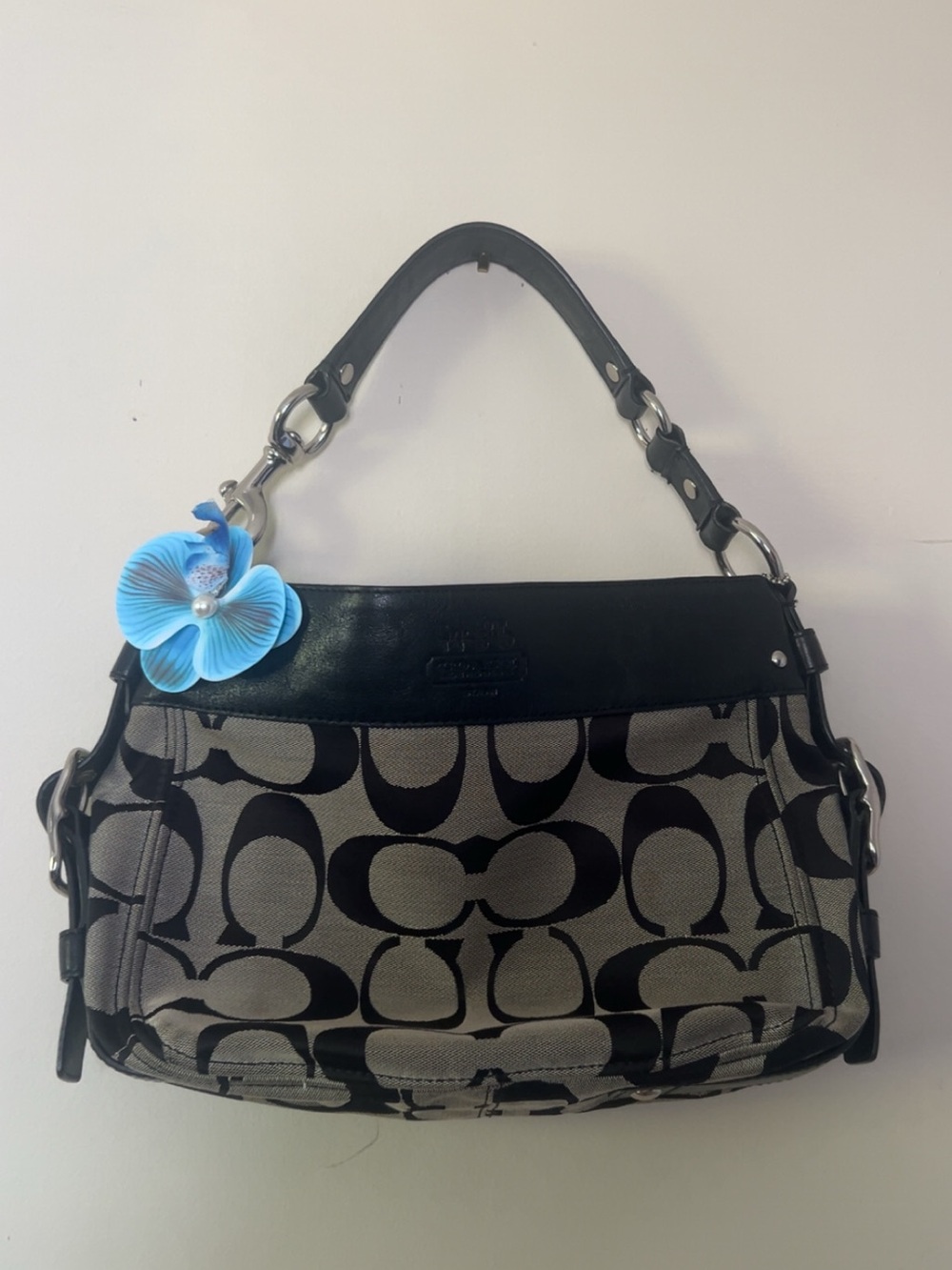 Coach Black and Gray Signature Canvas Shoulder Bag with Blue Flower Charm